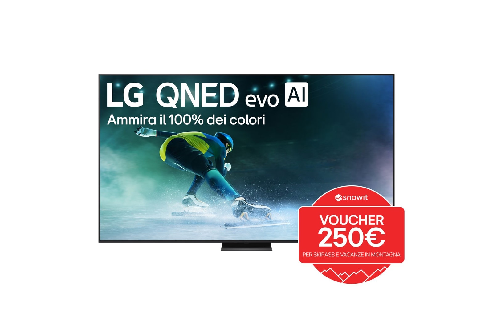 Vista frontale di una TV 100 pollici LG QNED evo AI QNED86 MiniLED 4K Smart TV 2025 100QNED86A6 con voucher snowit